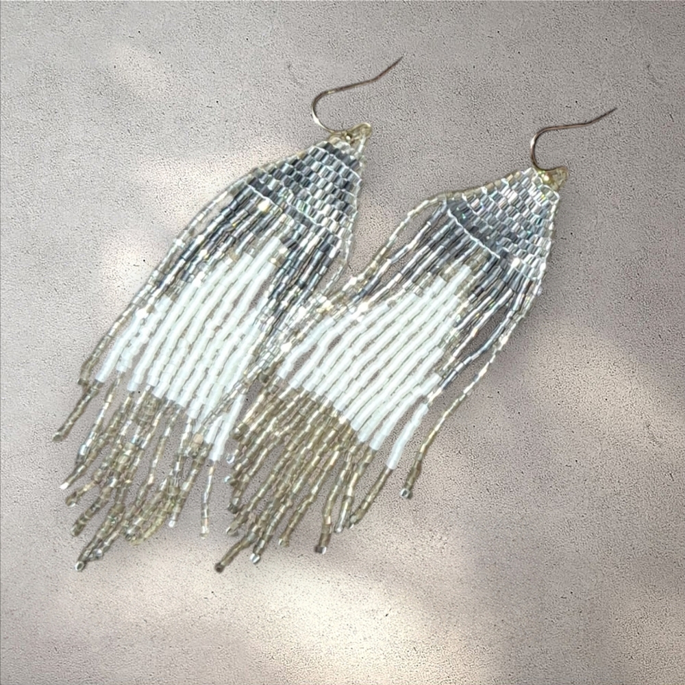 Beaded fringe earrings ivory and silvery gold seed beads Southwestern Flair